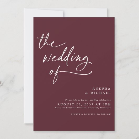 Moderne Bourgogne/Merlot Handwriting Wedding Kaart (Voorkant)