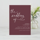 Moderne Bourgogne/Merlot Handwriting Wedding Kaart (Staand voorkant)