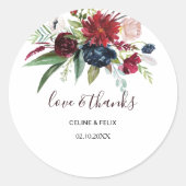 Moderne Bourgogne Navy Bloemenliefde & Bedankt Bru Ronde Sticker (Voorkant)