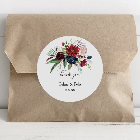 Moderne Bourgogne Navy Blush Bloemen Bedankt Favor Ronde Sticker