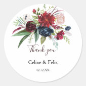 Moderne Bourgogne Navy Blush Bloemen Bedankt Favor Ronde Sticker (Voorkant)