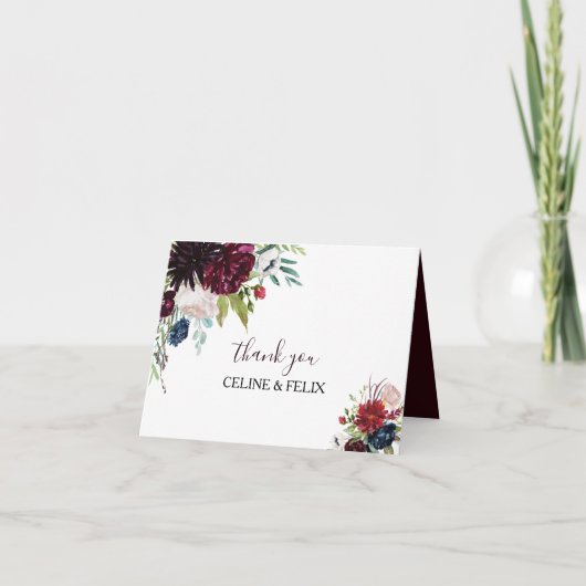 Moderne Bourgogne Navy Blush Bloemen Dank u kaart (Voorkant)