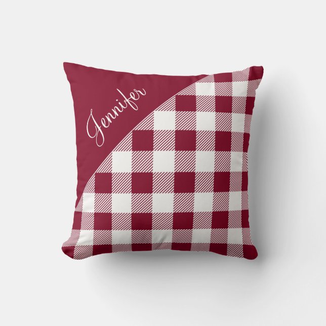 Moderne Bourgogne Plaid Gingham Patroon Naam Kussen (Voorkant)