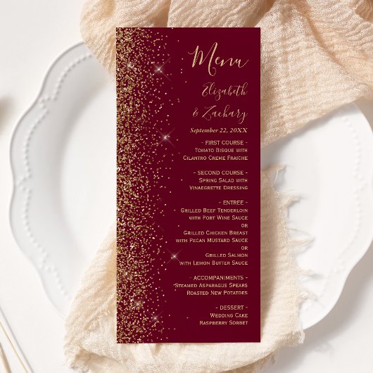 Moderne Bourgogne Rode Gouden Glitter Edge Bruilof Menu