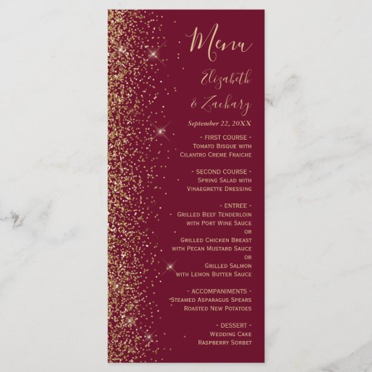Moderne Bourgogne Rode Gouden Glitter Edge Bruilof Menu (Voorkant)