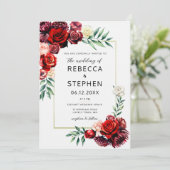 Moderne Bourgogne Rode Rose Bloemen Goud Lijst Bru Kaart (Staand voorkant)