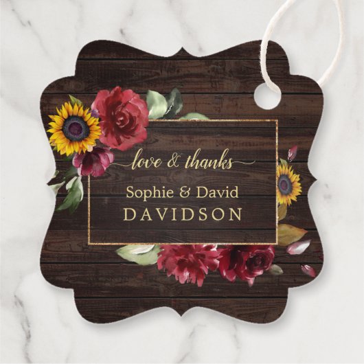 Moderne Bourgogne Rozen - Zonnebloem - bruiloft Bedankjes Labels (Achterkant)