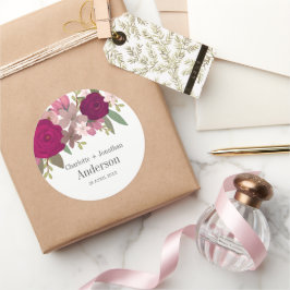 Moderne Bourgogne Tuin Bloemen Bruiloft Paar Naam Ronde Sticker