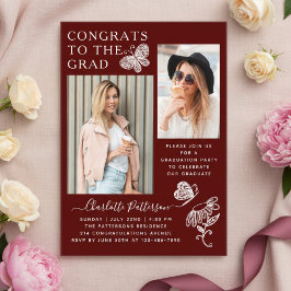 Moderne Bourgogne Vlinder Fotoafstudeerfeest Acryl Uitnodigingen