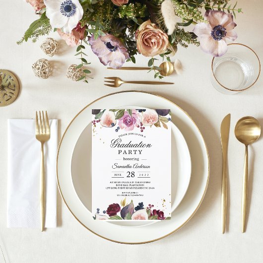 Moderne Bourgogne Waterverf Flowers & Berry Kaart