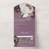 Moderne Bourgogne & Witte Pioenen & Rozen QR Code All In One Uitnodiging (Binnen)