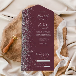 Moderne Bourgogne Zilveren Glitter Bruiloft All In One Uitnodiging