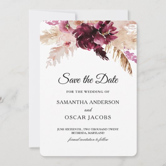 Moderne Bourgondië Blush Roze Bloem Save The Date (Voorkant)
