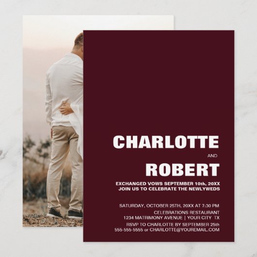 Moderne Bourgondië Bruiloftsreceptie Kaart (Voorkant / Achterkant)