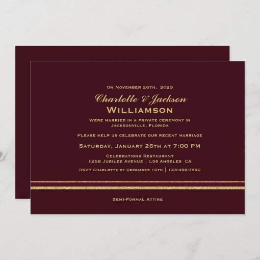 Moderne Bourgondië en Gouden Eenvoudige Trouwrecep Kaart (Voorkant / Achterkant)