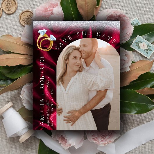 Moderne Bourgondië Fluwelen Save the Date Foto Kaa Flyer