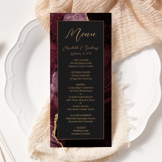 Moderne Bourgondië Goud Agate Donkere Bruiloft Menu