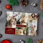 Moderne Bourgondië Goud Foto Collage Prettig Kerst Folie Feestdagenkaart<br><div class="desc">Moderne donkerrode en gouden kerstkaart gepersonaliseerd met een fotocollage van uw familie. Prettig Kerstfeest in elegante letters. Uw familienaam omringd door foto's. Gouden folie tekst op een Bourgondië achtergrond.</div>