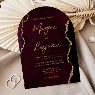 Moderne Bourgondië Gouden Agaat Script Boog Bruilo Kaart