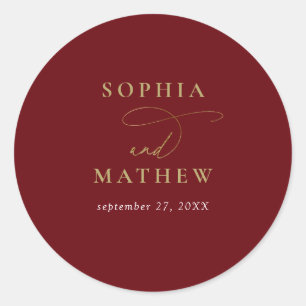 Moderne Bourgondië Gouden Calligrafie Bruiloft Ronde Sticker