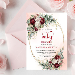Moderne Bourgondië Gouden Kader Baby Shower Uitnod Kaart