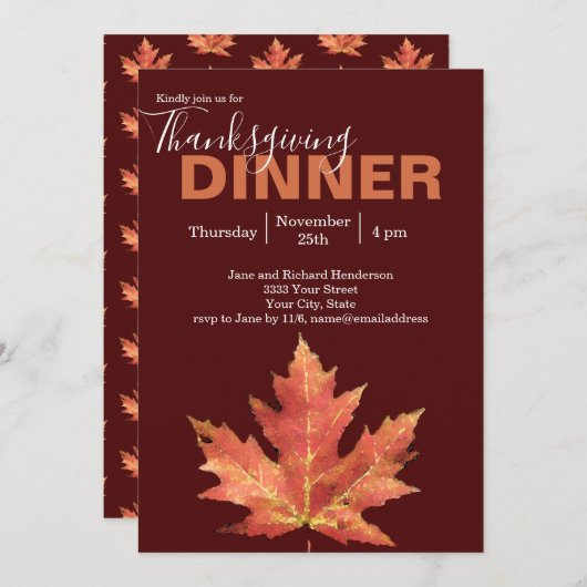 Moderne Bourgondië Herfstblad Thanksgiving-diner Kaart (Voorkant / Achterkant)