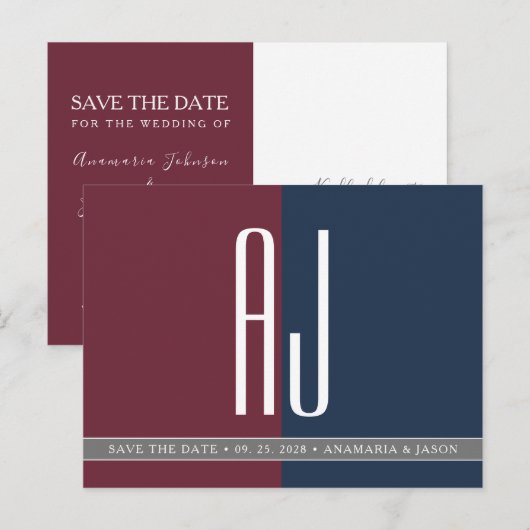 Moderne Bourgondië Navy Blauwe Trouw Save The Date Aankondigingskaart (Voorkant / Achterkant)