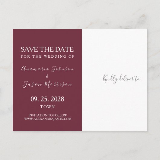 Moderne Bourgondië Navy Blauwe Trouw Save The Date Aankondigingskaart (Achterkant)