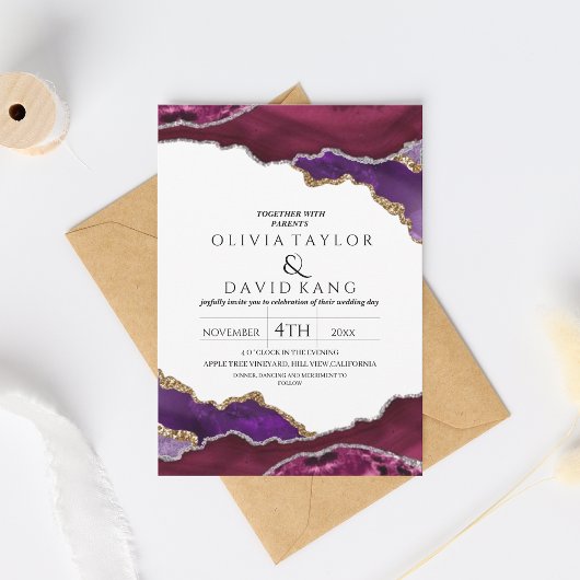 Moderne Bourgondië nep goud Paarse mix Agate Trouw Kaart