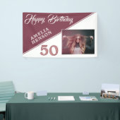 Moderne Bourgondië Rood Happy Birthday Foto  Spandoek (Beurs)