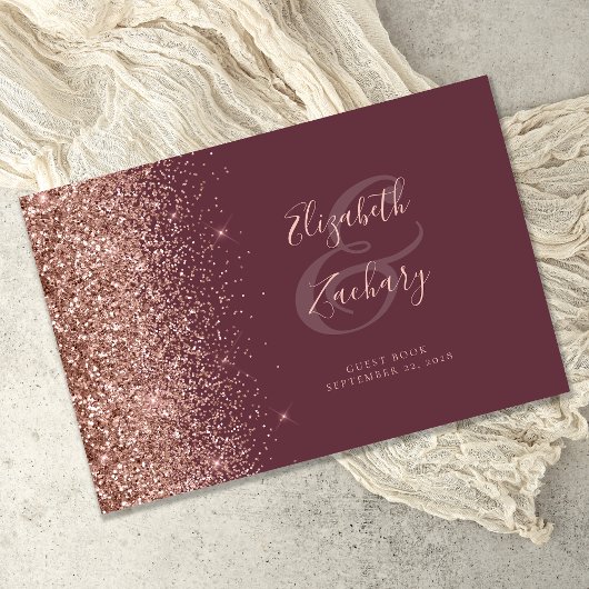 Moderne Bourgondië Roze Gouden Glitter Script Gastenboek