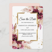 Moderne Bourgondië Roze Roze Bloem- en Gouden Lijs Save The Date (Voorkant / Achterkant)