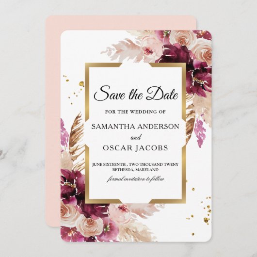 Moderne Bourgondië Roze Roze Bloem- en Gouden Lijs Save The Date (Voorkant / Achterkant)