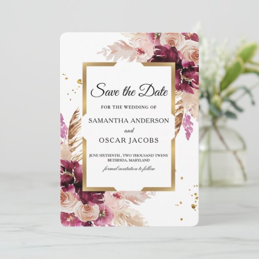 Moderne Bourgondië Roze Roze Bloem- en Gouden Lijs Save The Date (Staand voorkant)