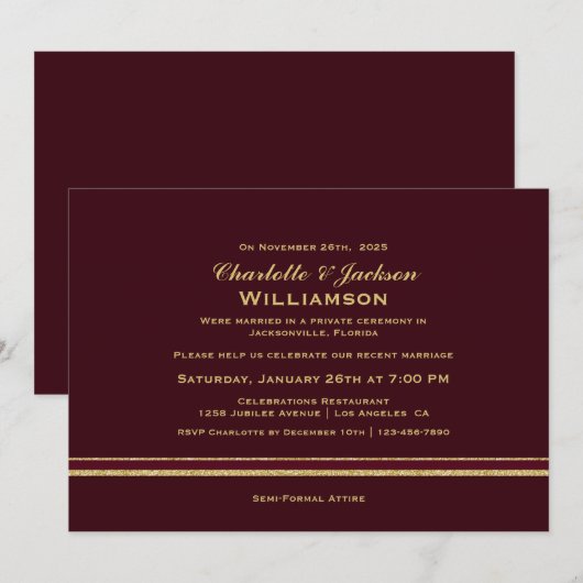 Moderne Bourgondiër en Gouden Simpele Trouwrecepti Kaart (Voorkant / Achterkant)