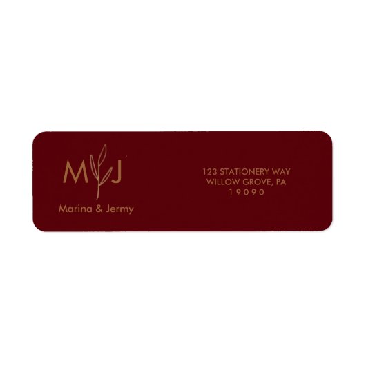 Moderne Bourgondiër Gouden Blaadje Monogram Etiket (Voorkant)