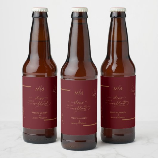 Moderne Bourgondiër Gouden Blaadje Rand Monogram Bier Etiket (Flessen)
