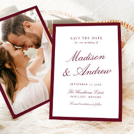 Moderne Bourgondiër Rand Foto Bruiloft Save The Date