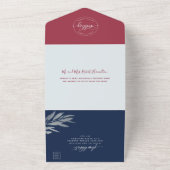 Moderne Bourgondische, blauwe bruiloft met geperfo All In One Uitnodiging (Buitenkant)