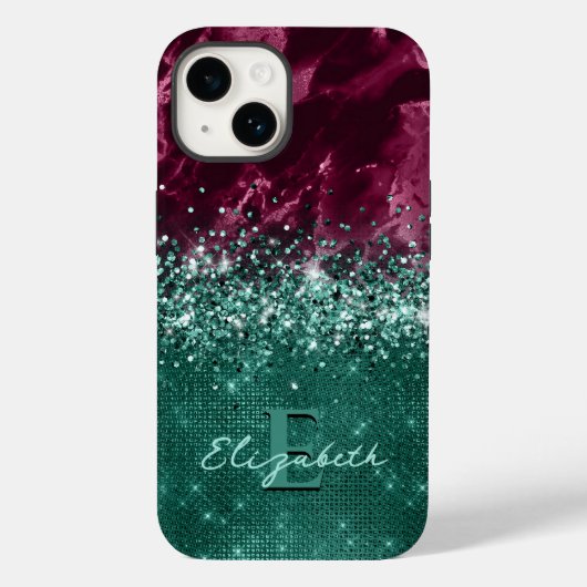 Moderne Bourgondische Blauwgroen Mint Glitter Marb Case-Mate iPhone Case (Achterkant)