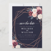 Moderne Bourgondische bloemen geometrische bruilof Save The Date (Voorkant)