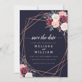 Moderne Bourgondische bloemen geometrische bruilof Save The Date