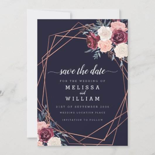 Moderne Bourgondische bloemen geometrische bruilof Save The Date (Voorkant)