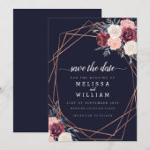 Moderne Bourgondische bloemen geometrische bruilof Save The Date (Voorkant / Achterkant)