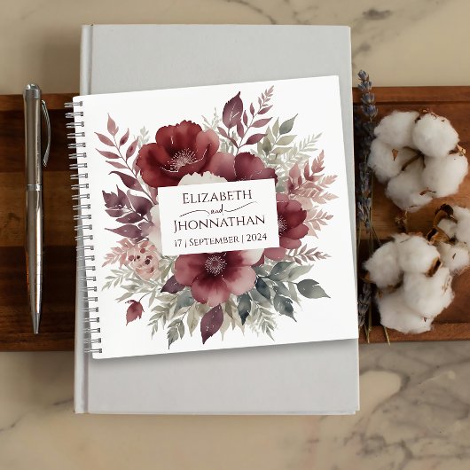 Moderne Bourgondische Bloemen Waterverf Bruiloften Notitieboek