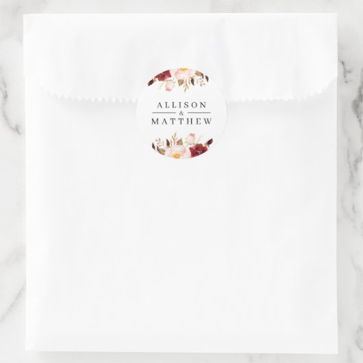 Moderne Bourgondische bloemenbruiloft sticker (Tas)