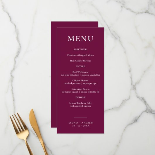 Moderne Bourgondische elegante bruiloft Menu (Voorkant / Achterkant in situ)