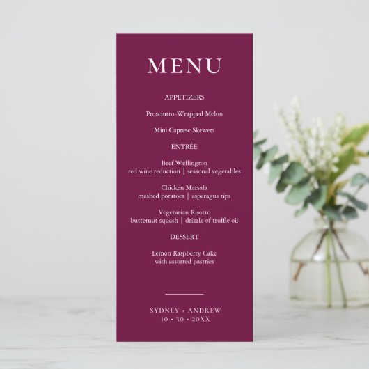 Moderne Bourgondische elegante bruiloft Menu (Staand voorkant)