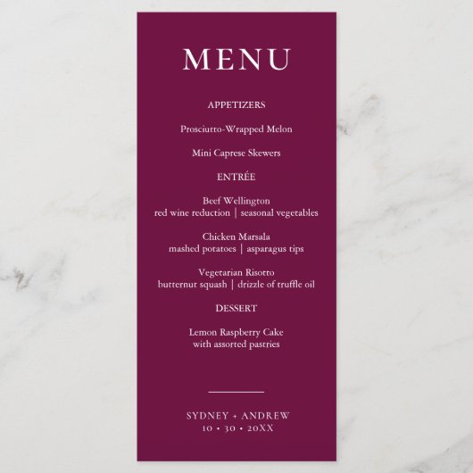 Moderne Bourgondische elegante bruiloft Menu (Voorkant)