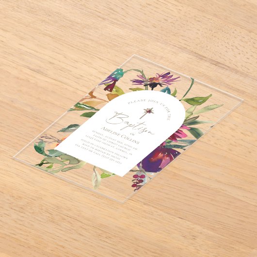 Moderne Bourgondische Floral Gold Script Elegant D Acryl Uitnodigingen (Laagn)